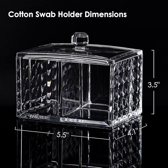 Cotton Swab Holder - Compact Bathroom Canister with Lid and 3 Compartments for Organizing Cotton Ball, Swab, Pad - Acrylic Bathroom Storage Jar Compatible with Q Tips