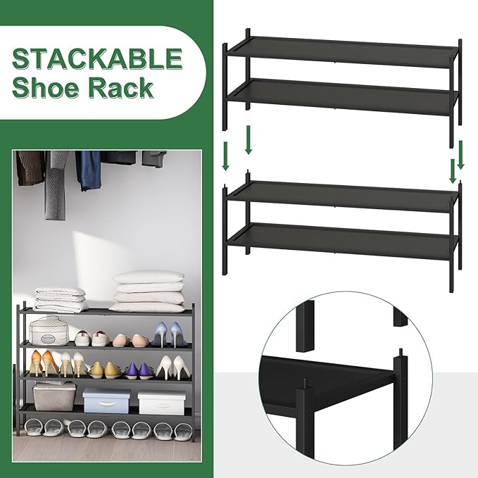 kiplant Black Shoe Rack, 2-Tier Long Shoe Rack, Stackable Bamboo Wood Shoe Shelf for Closet, Entryway & Hallway