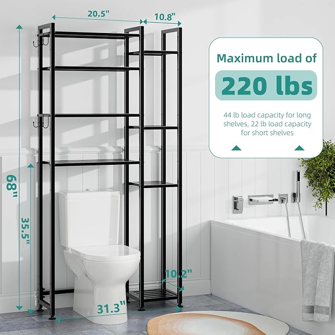 Simple Trending 8 Tier Over The Toilet Storage with Side Rack, Bathroom Organizer Metal Shelves for Towels, Black