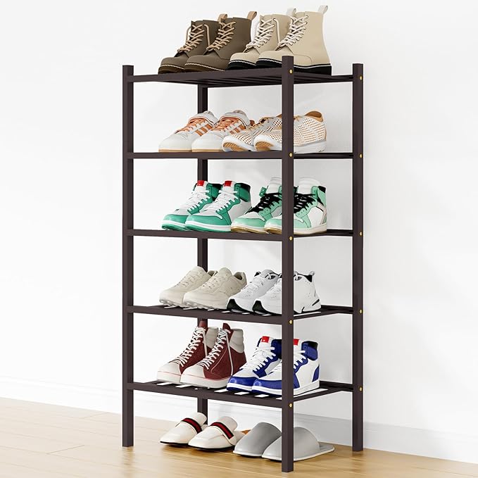 Smiry Small Bamboo Shoe Rack, 5 Tier Free Standing Wooden Shoe Organizer, Stackable Wood Shoe Storage Shelf for Closet, Entryway, 12 Vertical Slats, 2+2+1 Stack Standard Legs, 17.3"x11"x32.5", Brown
