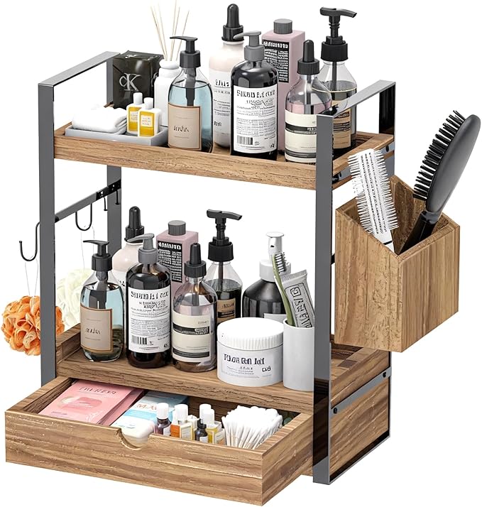 2-Tired Bathroom Counter Organizers and Storage, Bathroom Countertop Organizer with Drawer, Solid Wood Skincare Perfume Organizer for Vanity Kitchen Corner Shelf Office Countertop (Drak Brown)
