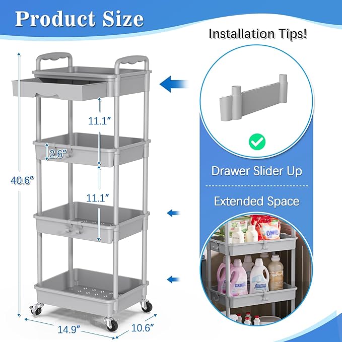 SUNALLY 4 Tier Rolling Utility Cart with Drawer, Storage Organizer Cart with 2 Lockable Wheels, Multifunctional Rolling Storage Cart for Bathroom, Kitchen, Craft, Makeup, Baby Essentials, Gray