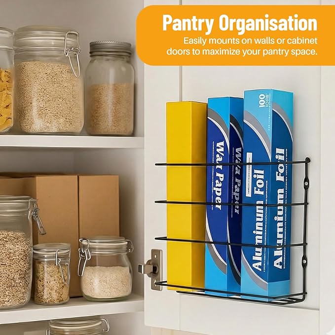 Kitchen Wrap Organizer, 4 Pack, Hold up to 4 Plastic, Foil, Paper, Wax, Black