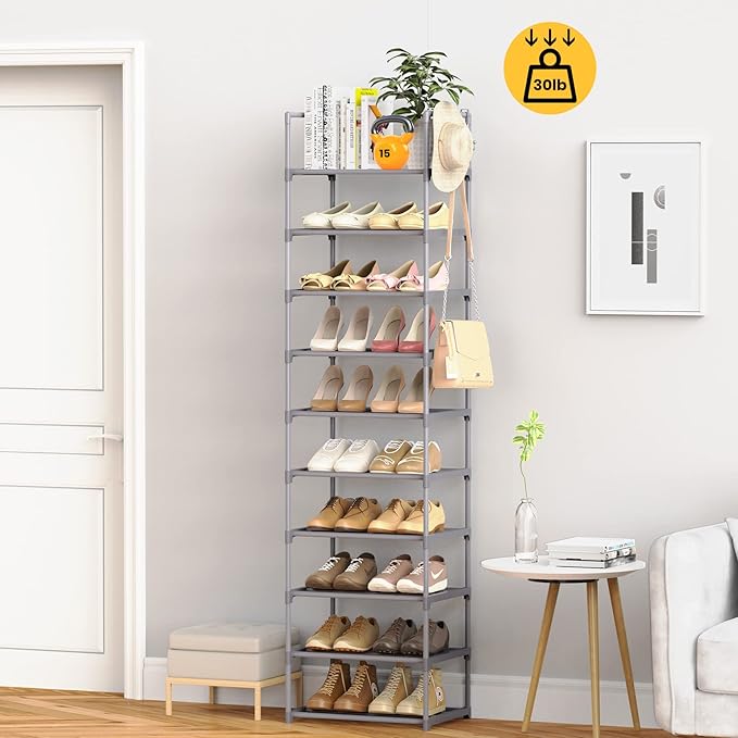 10 Tiers Tall Shoe Rack Narrow 20-24 Pairs Shoe Rack for Closet Entryway Vertical Metal Shoe Rack Organizer Shoe and Boots Organizer Storage Sturdy Shoe Shelf Shoe Stand Gray