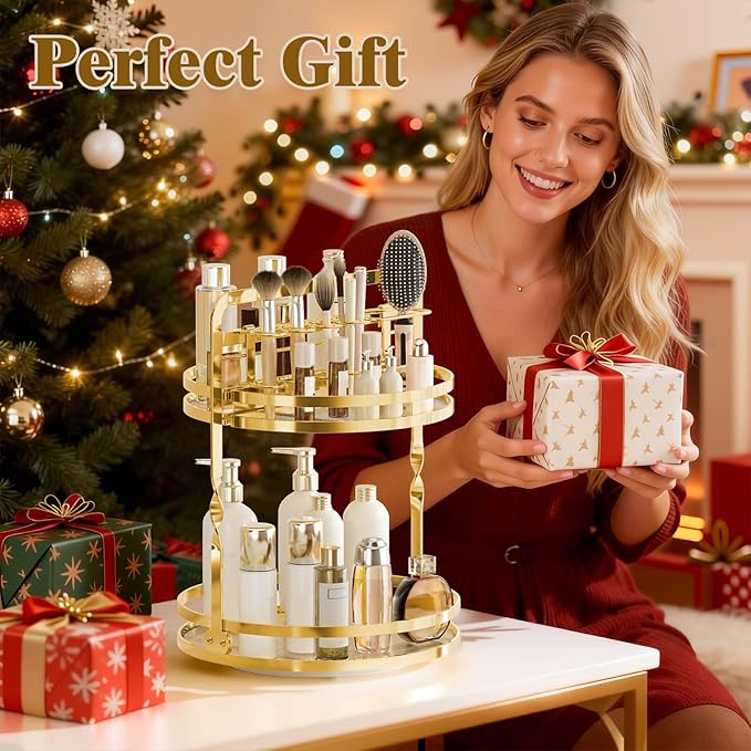 360° Rotating Makeup Organizer, 2-Tier Gold Perfume Organizer for Dresser, Bathroom Organizer Countertop, Lazy Susan Spinning Perfume Stand Vanity Skincare Storage with Makeup Brush Holder