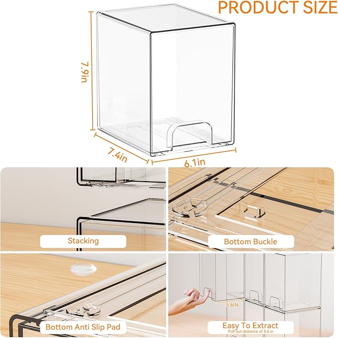 Yieach 7.5"H Stackable Storage Drawers,4 Pack Clear Acrylic Drawer Organizer for Vanity,Under Sink,Cabinet and Bathroom Closet Organizer,Bottle Station and Baby Bottle Storage Organizer for Countertop