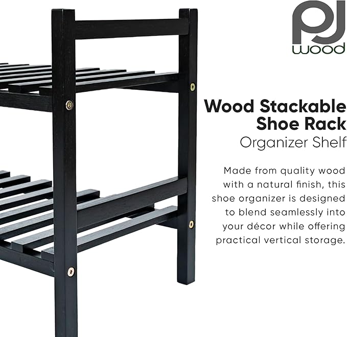 PJ Wood Stackable Wooden Shoe Rack Organizer for Closet Storage, Entryway Shelves, Tiered Cabinet for Shoes, 6 Pair Capacity, Black