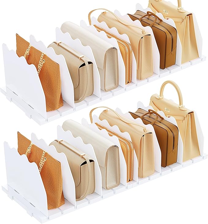 SPACEKEEPER Shelf Divider for Closet, 2 Pack Adjustable Purse Organizers Handbag Separators Storage Organizer Bookshelf Separator Dividers in Bedroom Office Kitchen Bathroom, White