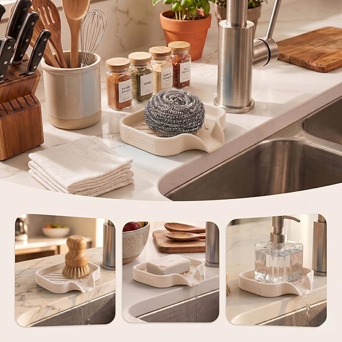 MicoYang Silicone Soap Dish with Drain Spout — Self-Draining Sink Organizer Tray for Bathroom & Kitchen, Holds Bar Soap, Sponges & Dispensers, Non-Slip & Dishwasher Safe, Tapioca (Small, 4.9"×3.2")