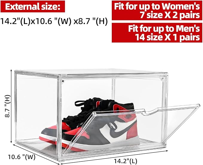 Clear Shoe Organizer,Stackable Shoe Display Case,Shoe Box Storage Bins with Magnetic Door,Fit Shoe Size Up to US 14 (X-Large-3Pack)