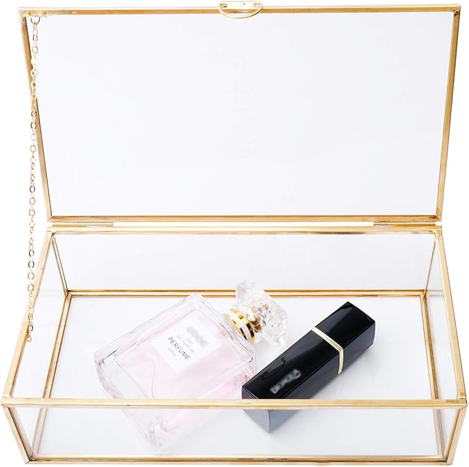 HighFree Vintage Glass Box with Lid - Clear Jewelry Glass Display Box Keepsake Box - Home Decor Decorative Box for Trinket Rings Bracelet (Gold, Medium)