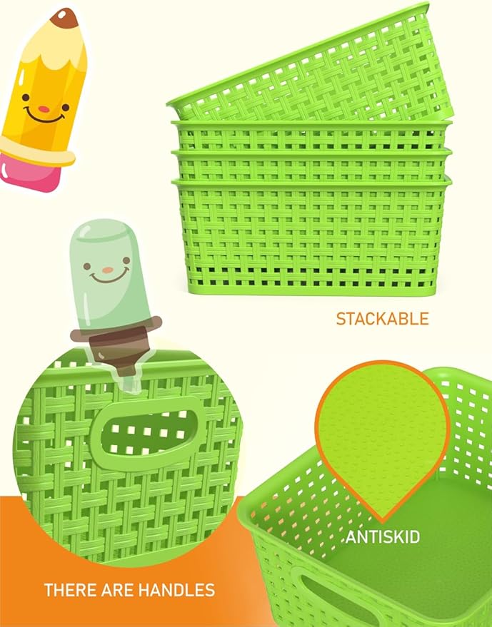 6-Pack Plastic Small Shelf Storage Weave Baskets Organizing for Cabinets, Green
