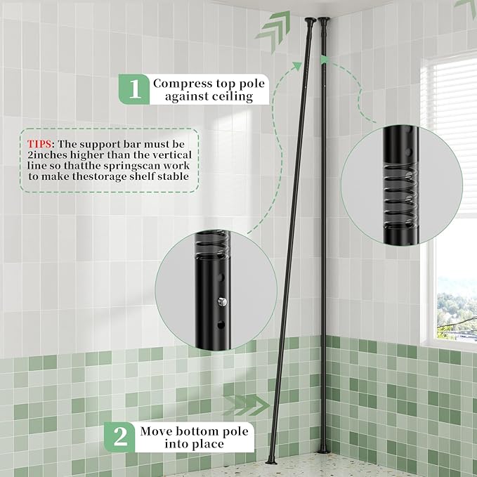 akinbas Tension Pole Shower Caddy Organizer with 4 Tier L-Shaped Rust Resistant Bathroom Corner Shelves with 34-124 Inch Adjustable No Drilling Quick Install Shower Rack for Bath Essentials (Black)
