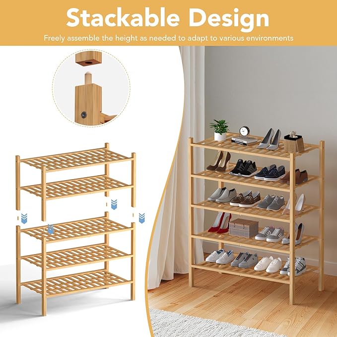 Haddockway Large 2 Tier Bamboo Shoe Rack Storage Organizer, Multifunctional Free Standing Stackable Shoe Shelf with Grid Panel for Closet,Hallway,Entryway,Small Space 27"x12"x14"