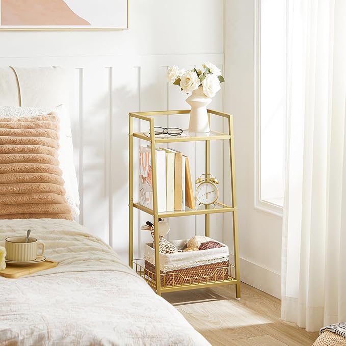 HOOBRO Gold Glass Shelf Stand, 3 Tier Standing Shelf Unit, Bathroom Organizer and Storage, Floor Storage Shelves Waterproof, for Bathroom, Laundry, Toilet, Tempered Glass, Gold GD77CJ01