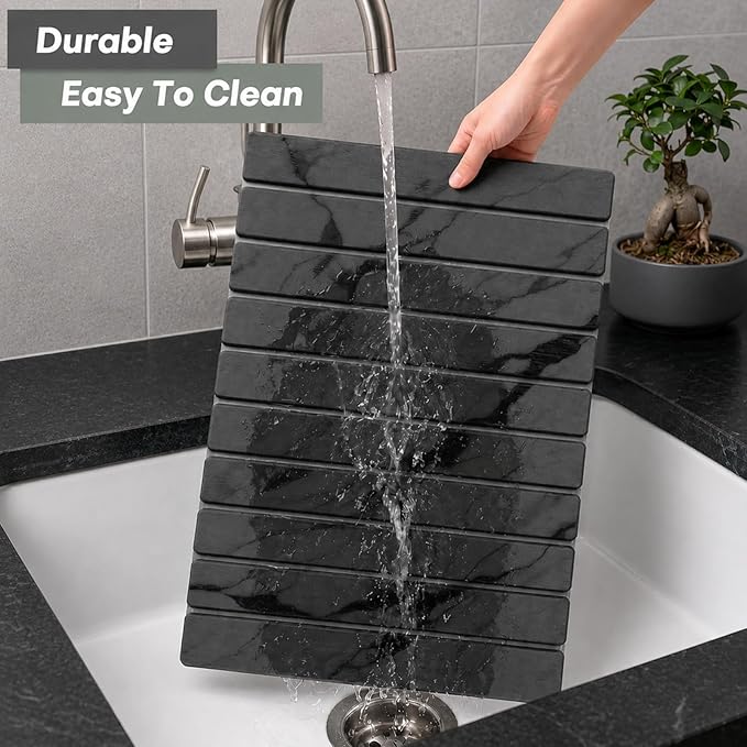 Large Stone Dish Drying Mat for Kitchen Counter, Quick Dry Stone Dishes Mats,Foldable Water Absorbing Diatomaceous Earth Drying Organizer Pad for Plate Rack Bottles Utensils(Dark Gray 24"×16" & 8"x4")