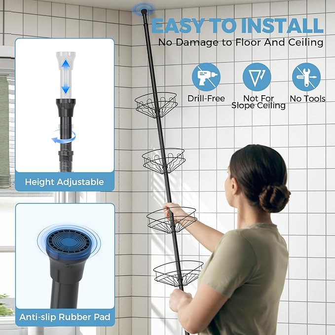 Corner Shower Caddy Tension Pole，4 Tier Adjustable Bathroom Organizer