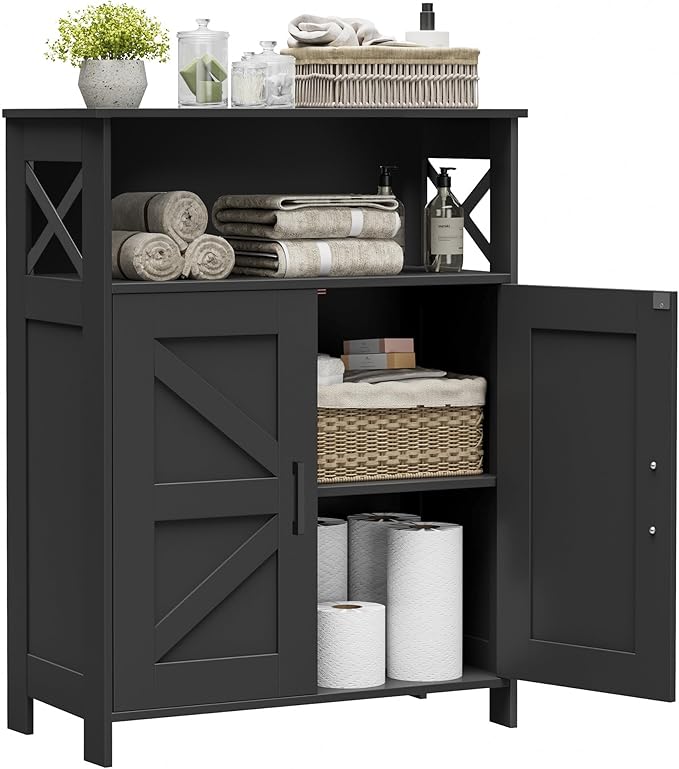 Homhedy Farmhouse Bathroom Storage Cabinet with 2 Doors, Toilet Paper Cabinet with Adjustable Shelf, Small Bathroom Cabinet for Kitchen/Laundry/Living Room, 11.8 x 23.6 x 31.5 Inches, Black