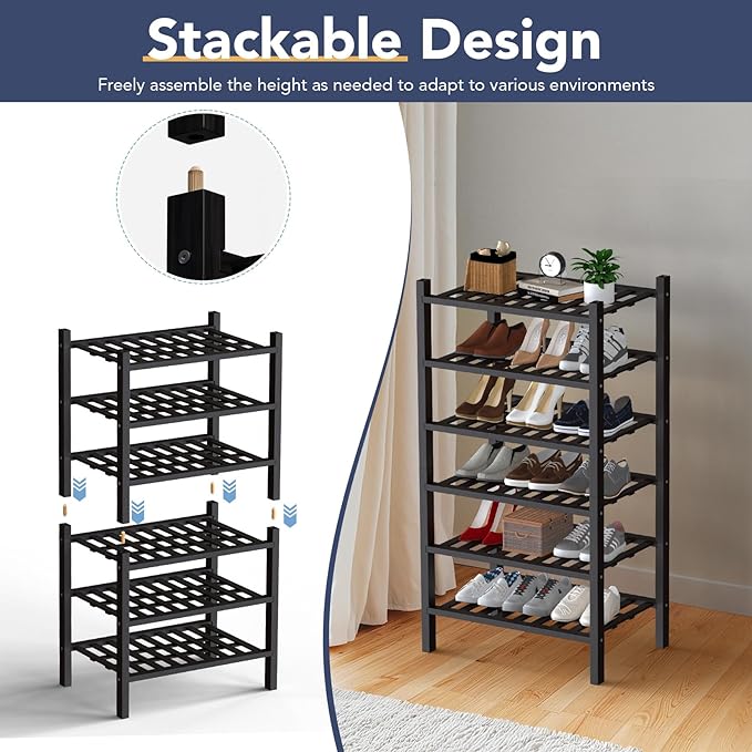 Haddockway Small 3 Tier Bamboo Shoe Rack Storage Organizer, Multifunctional Free Standing Stackable Shoe Shelf with Grid Panel for Closet,Hallway,Entryway,Small Space 18"x11"x17"