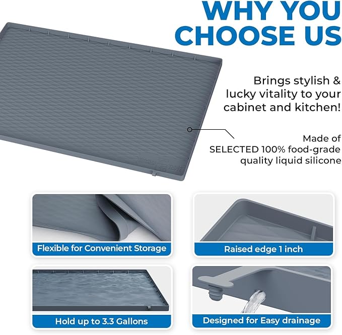 Heavy Duty Under Sink Mat for Kitchen Waterproof 34" x 22" | Extra Thick 1000g Silicone Under Sink Tray with Raised Edges for Kitchen & Bathroom Cabinet Organizer and Sink Drip Tray
