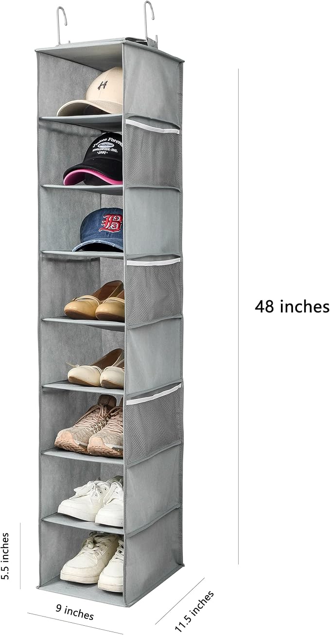 Berdeng Hanging Shoe Organizer for Closet with Side Mesh Pockets，Hat Racks for Baseball Caps，Shoe and Hat Holder & Storage，8-Shelf，Gray，2 Pack