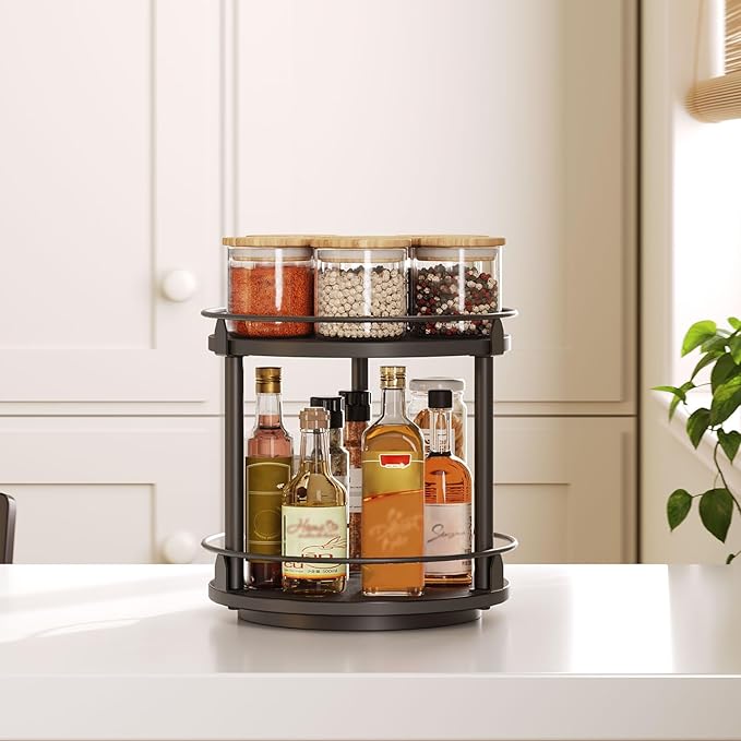 YATINEY Lazy Susan Organizer, Rotating Spice Rack, 2 Tier Spice Turntable Organizer, Industrial Turntable Spice Holder, for Kitchen Countertop and Cabinet, Compact and Versatile, Black SR22BK