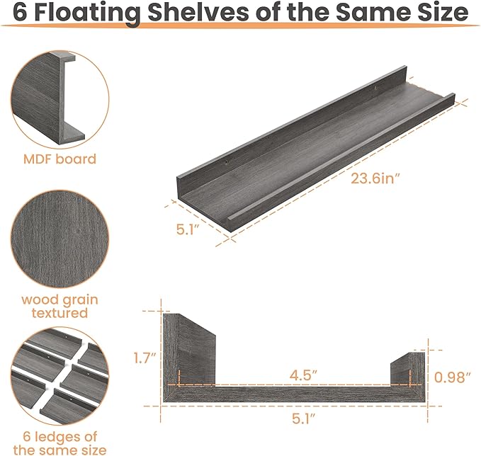 Floating Shelves for Wall, 23.6 Inch Shelves for Decor Storage Set of 6, Grey