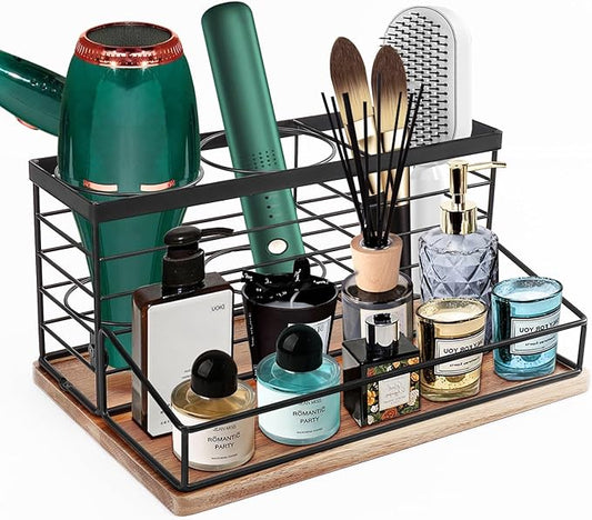 Hair Tool Organizer, Movable Hair Dryer Holder, 12" x 7.7" x 5.8", Wood-Black