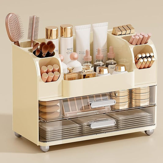 Makeup Organizer for Vanity with 2 Large Drawers, Cream White