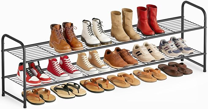 AOODA Long 2 Tier Shoe Rack for Closet Metal Wide Stackable Shoe Storage Organizer for Entryway, Bedroom, Floor, 18-Pairs Low Shoe Shelf, Black