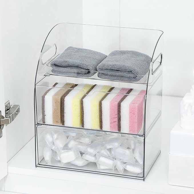 Clear Kitchen and Pantry Organizer with Drawer, Plastic Trash Bags and Dishwasher Pods Dispenser Holder Under Sink, Large Storage Container with Handle for Laundry and Bathroom