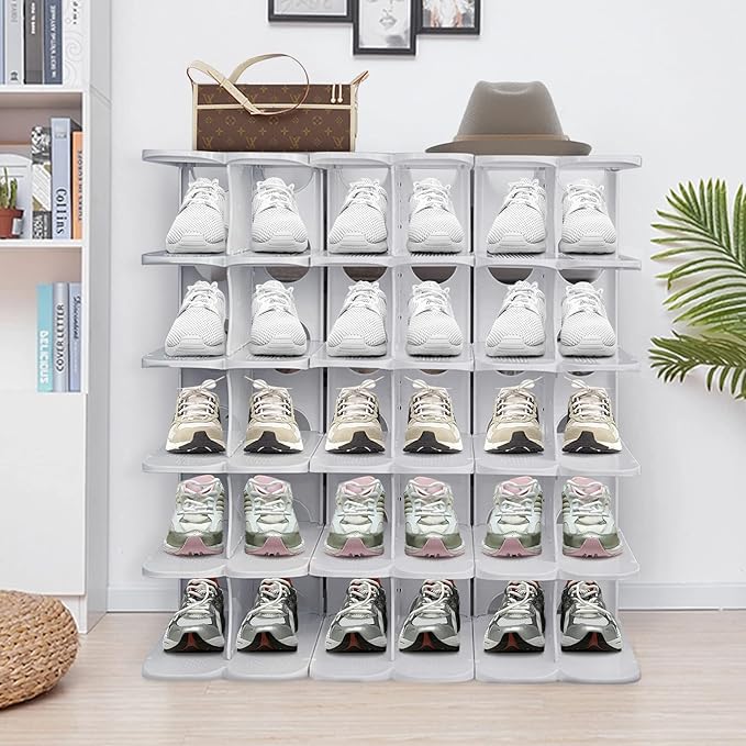 6-Tier Thickening Cubby Shoe Rack, Free Combination Shoe Organizer for Closet, Free Standing Shoe Tower, Stackable Space-Saving Adjustable Shoe Storage Shelf, Grey