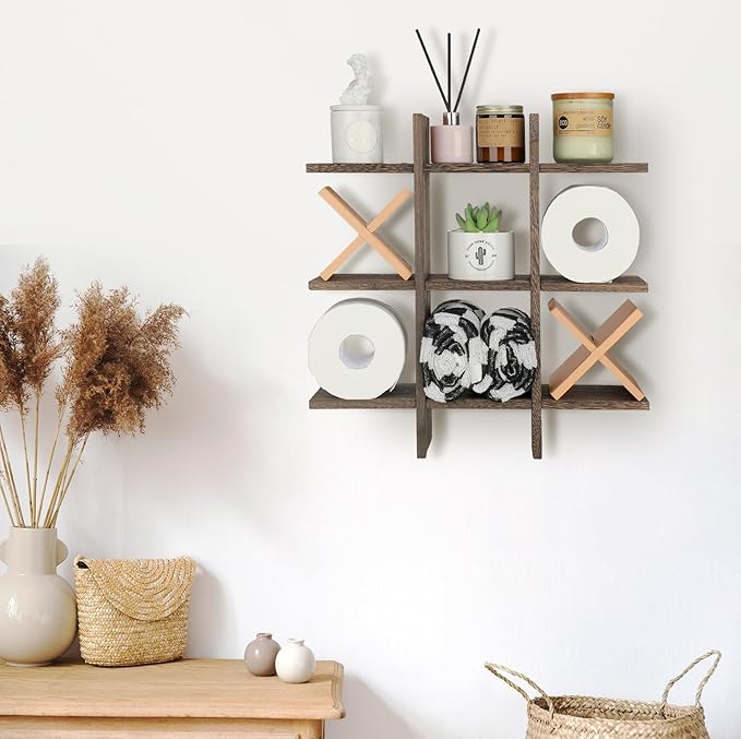 Weysat Tic Tac Toe Toilet Paper Holder Stand Bathroom Wall Decor Rustic Wooden Hanging Storage Freestanding Wall Mounted Shelves Decor for Toilet Tissue Farmhouse