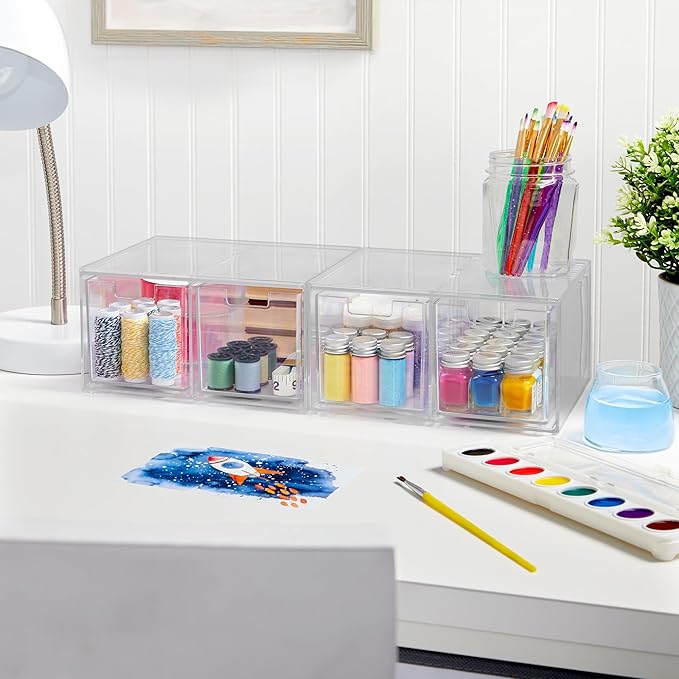 STORi Stackable Desk Organizer drawers, Clear Pen Pencil Makeup Brush drawers for Desktops and Vanities, 4 Tall Drawers (Made in USA)