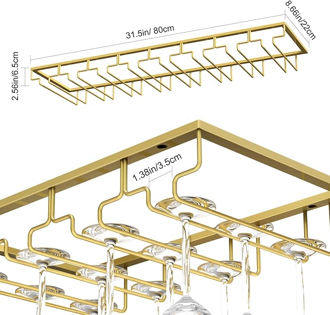 Nuovoware Wine Glass Rack - Under Cabinet Stemware Wine Glass Hanger Rack Holder for Bar Kitchen Cabinet, 8 Rows - Deep Gold