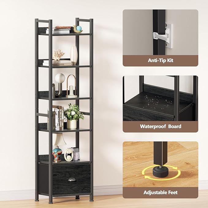 Furologee Book Shelf Set of 2, 6 Tier Tall Shelf with Drawer, Bookshelves and Bookcases Set of 2, Industrial Display Shelving Unit for Bedroom, Living Room, Home Office, Black Oak