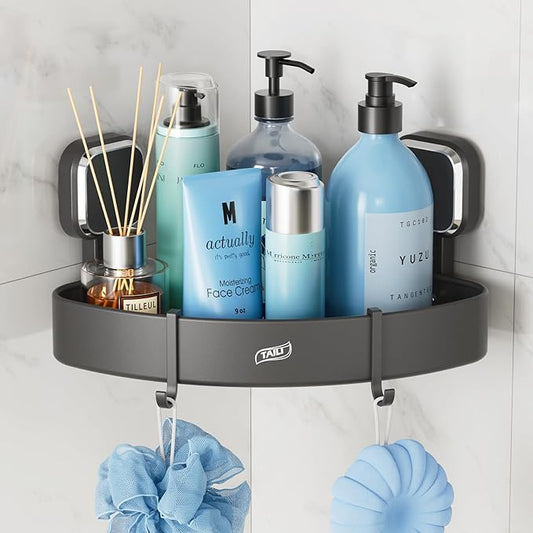 Corner Shower Caddy with Suction Cup Hooks, Aluminum Corner Shelf Basket