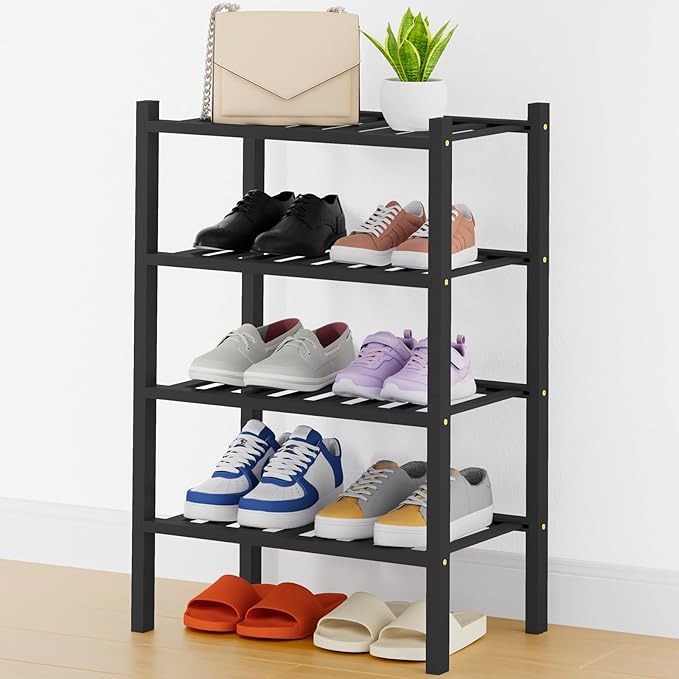 Smiry Small Bamboo Shoe Rack, 4 Tier Free Standing Wooden Shoe Organizer, Stackable Wood Shoe Storage Shelf for Closet, Entryway, 14 Vertical Slats, 2+2 Stack Heavy-Duty Legs, 17.3"x11"x26", Black