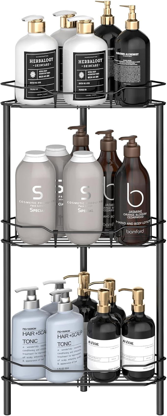 3 Tier Floor Standing Corner Shower Caddy Organizer Shelf with Hooks, Matt Black