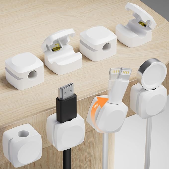 Lancord 8 Pack Rotatable Cable Clips, Spring Cord Holder for Nightstand, Adhesive Cable Management Clips for Desk, Office, Car, Wall, Charging Cord Organizer