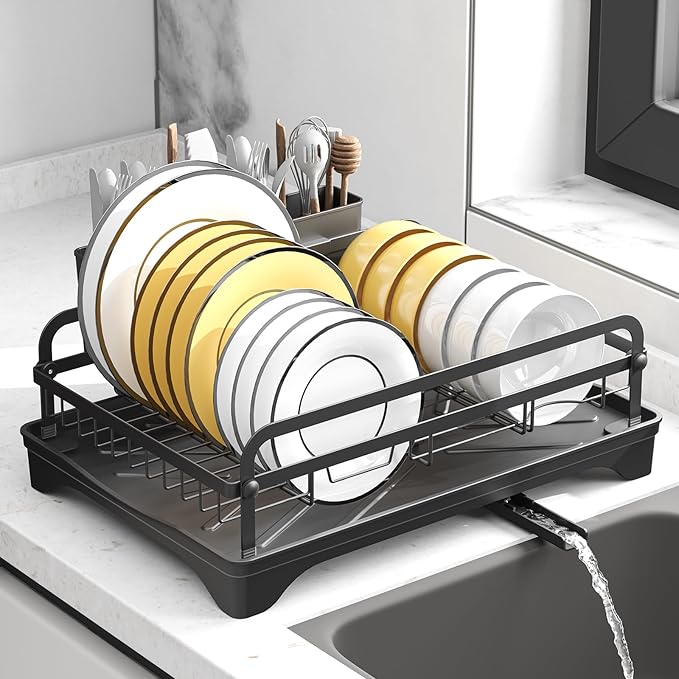 Dish Drying Rack for Kitchen Counter, Large Dish Drying Rack with Utensil Holder & Cutlery Tray, Dish Drainer with Drainboard, Black