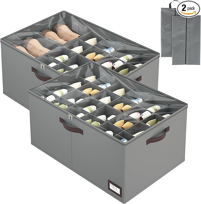 OIAHOMY 2 Pack Shoe Organizer for Closet, Large Foldable Shoe Storage Bins with Dividers and Reinforced Handles, Each Clear Cover Sneaker Box Fits Up to 24 Pairs for Entryway and Bedroom, Grey