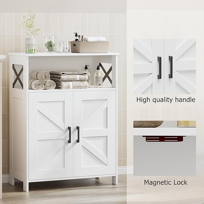 Homhedy Farmhouse Bathroom Storage Cabinet with 2 Doors, Toilet Paper Cabinet with Adjustable Shelf, Small Bathroom Cabinet for Kitchen/Laundry/Living Room, 11.8 x 23.6 x 31.5 Inches, White