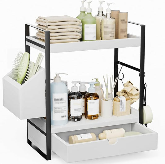 2-Tier Bathroom Counter Organizer with Drawer and Basket, White