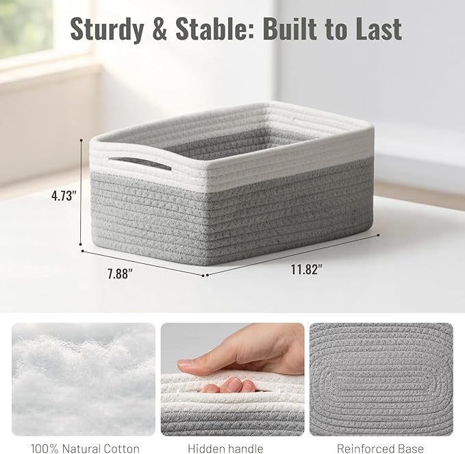 5 Pack Decorative Small Storage Baskets for Shelves, Cotton Rope Woven Basket for Organizing Bathroom, Nursery, Closet, Cabinet, Toys & Socks, Gift Baskets Empty, 11.8"x7.9"x4.7", Gray/White