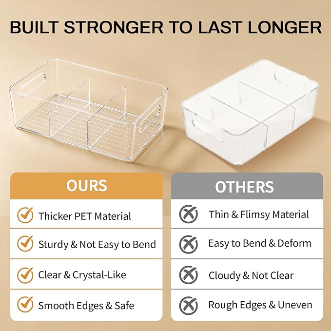 Mpotmiy 4 Pack Clear Pantry Organizers and Storage Bins with Divider, Transparent Plastic Basket, Refrigerator and Fridge Bins