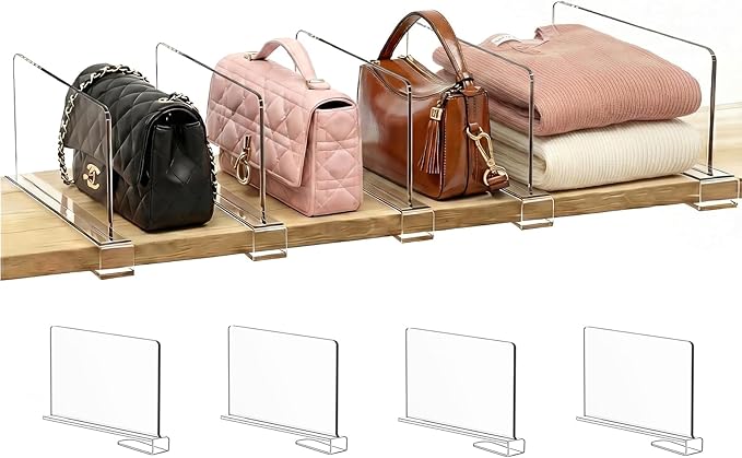 SortNStore Shelf Dividers Purse Organizer for Closet: 6-inch Tall(Shorter Version) Acrylic Handbag Organizer - Small Space Separator for Clutches Evening Bags Pouches Mini-Bags on Wood Shelves 4-Pack