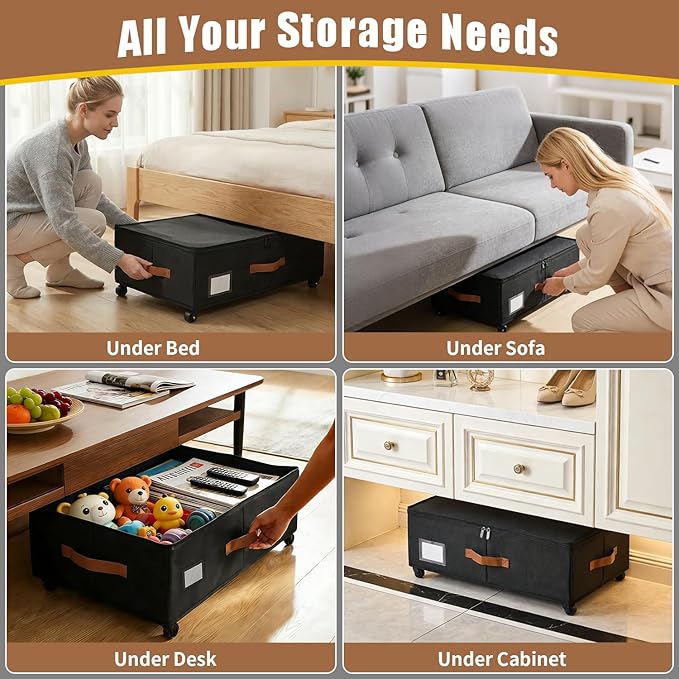 Under Bed Storage Containers with Wheels 2-Pack , 9.5" Tall Underbed Storage Drawers Organizer Bins for Clothes Shoes Toys Wrapping Paper with Extra Interior Pockets, Easy Pull-out, Heavy-duty