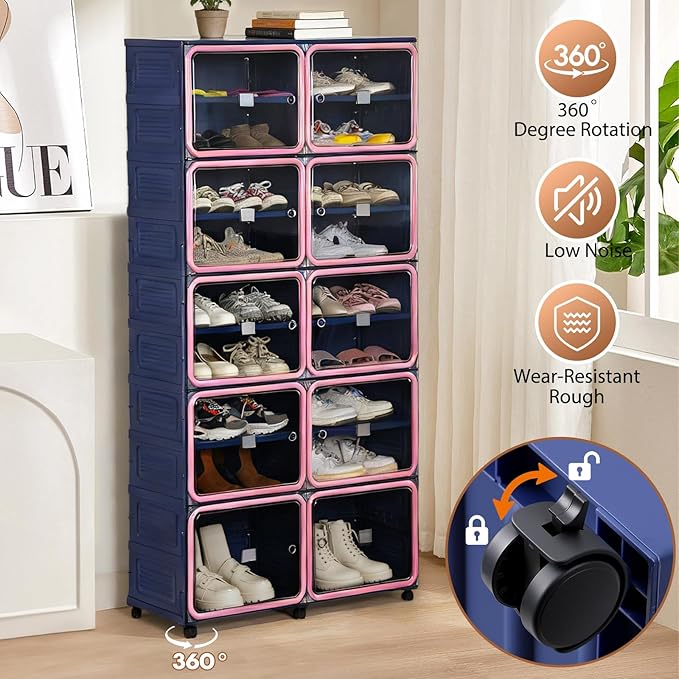 Collapsible Shoe Rack Organizer, 9 Tiers-36 Pairs Foldable Shoe Cabinet with Magnetic Clear Door, Large Plastic Folding Shoe Cabinet Blue & Pink, Easy Assembly Shoe Shelves Organizer for Entryway