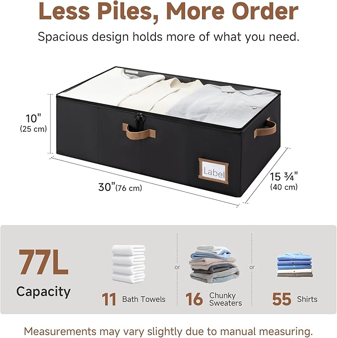 StorageWorks Under Bed Storage Bins, 10'' Underbed Storage Containers with Lid, 77L Clothes Organizer for Bedding, Blankets, Sweaters, Shoes, 2-Pack